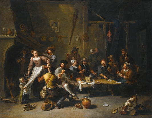 Tavern with Merrymakers and Cardplayers, vintage artwork by Willem van Herp the Elder, 12x8" (A4) Poster