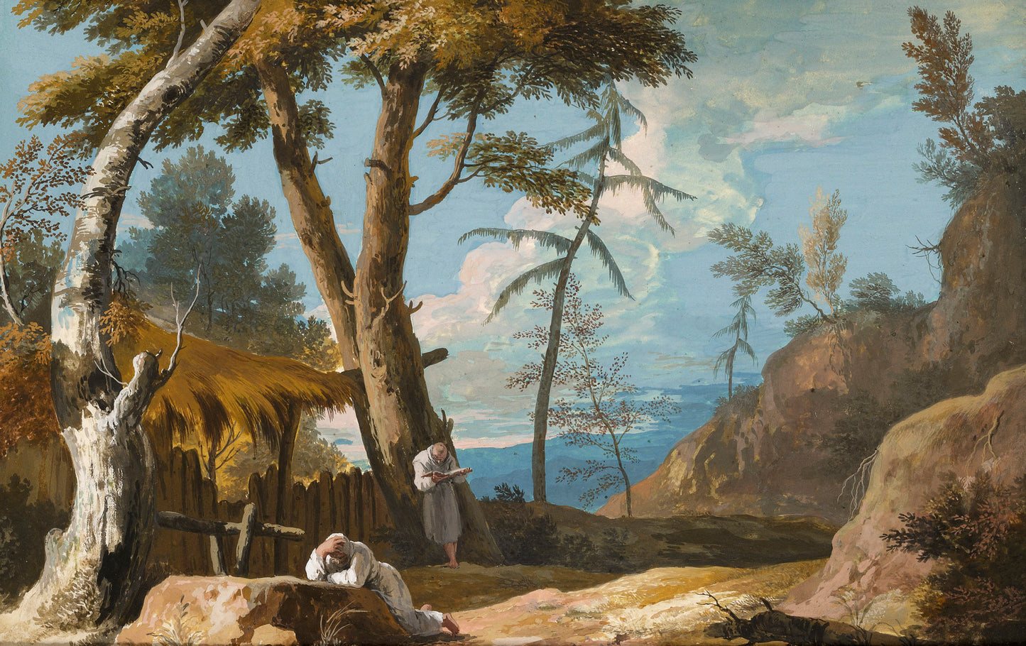 Landscape with Two Praying Monks, vintage artwork by Marco Ricci, 12x8" (A4) Poster