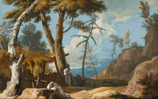 Landscape with Two Praying Monks, vintage artwork by Marco Ricci, 12x8" (A4) Poster