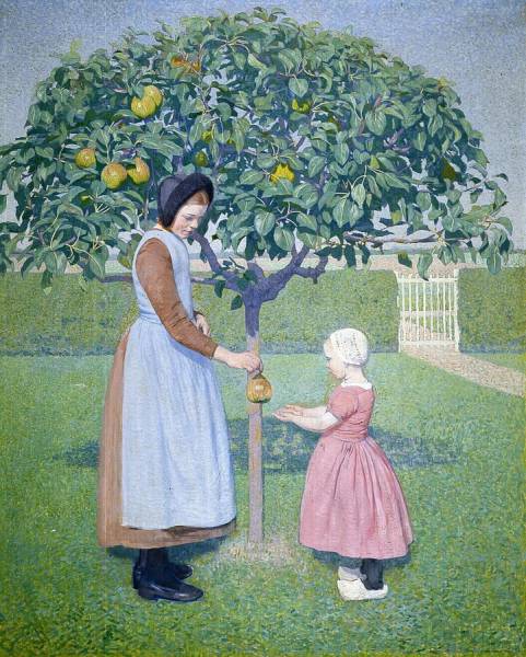 Girl and Little Child under an Apple-Tree, vintage artwork by Ferdinand Hart Nibbrig, 12x8" (A4) Poster