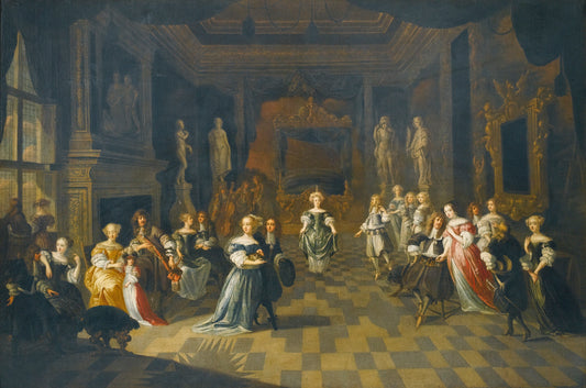 Figures Dancing in an Elegant Interior, vintage artwork by Hieronymus Janssens, 12x8" (A4) Poster
