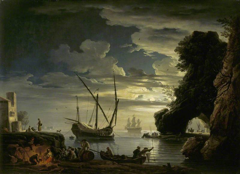 Night:  Rocky Inlet with Fisherfolk Setting their Nets, Cooking and Drinking by  Moonlight, vintage artwork by Claude-Joseph Vernet, 12x8" (A4) Poster