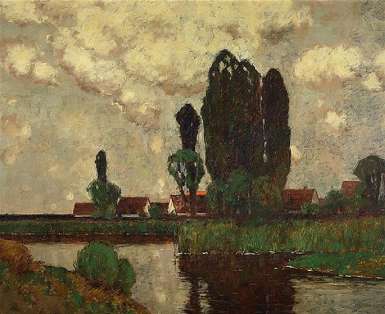 Village Pond with Poplars by Carl Kustner,A3(16x12")Poster