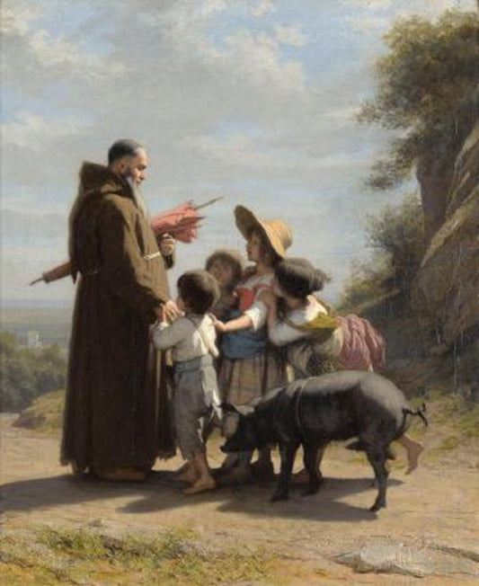 A Franciscan Monk With Children, vintage artwork by Alfred Jacques van Muyden, A3 (16x12") Poster Print