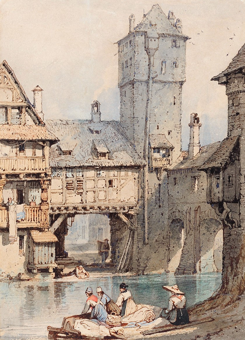 Laundresses before the Wasserturm, Nuremberg, vintage artwork by Samuel Prout, A3 (16x12") Poster Print