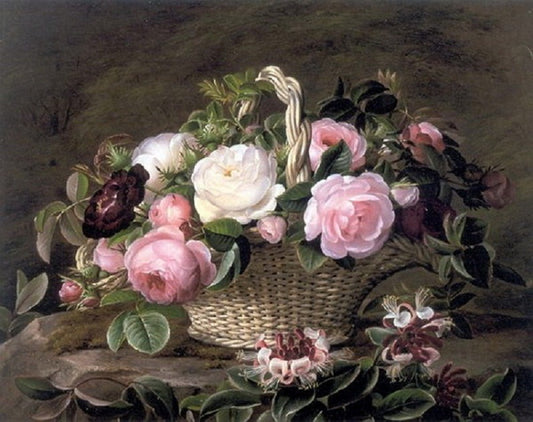 A basket of pink and white and red roses with honeysuckle, vintage artwork by Johan Laurentz (J.L.) Jensen, A3 (16x12") Poster Print