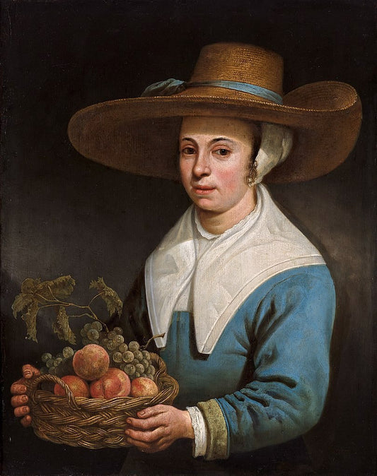 Girl with a Straw Hat, with a Basket of Grapes, vintage artwork by Aelbert Cuyp, 12x8" (A4) Poster
