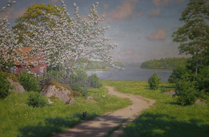 ottage with flowering fruit trees and lake by Johan Krouthen,A3(16x12