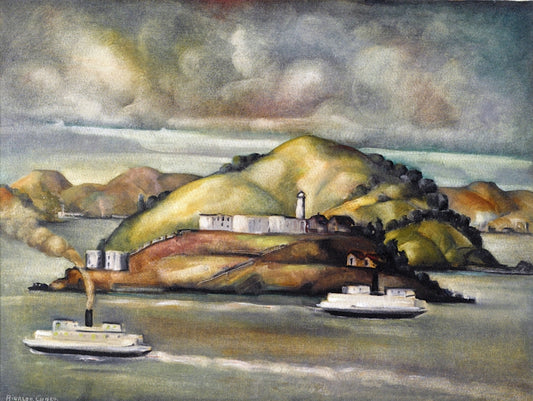 View of Alcatraz, vintage artwork by Rinaldo Cuneo, 12x8" (A4) Poster