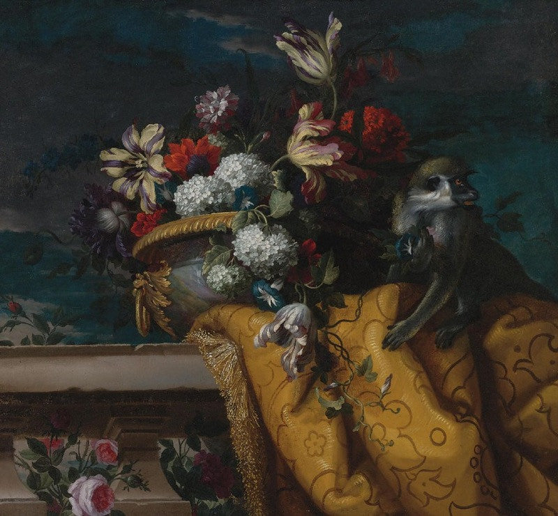 Jean-Baptiste Monnoyer - Still Life of Tulips, Hydrangea and Other Flowers in a Gilt Urn and Monkey, vintage artwork by Jean-Baptiste Monnoyer, 12x8" (A4) Poster