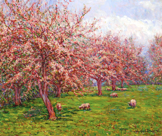Blossoms in England: Sheep in an Orchard, vintage artwork by Wynford Dewhurst, 12x8" (A4) Poster