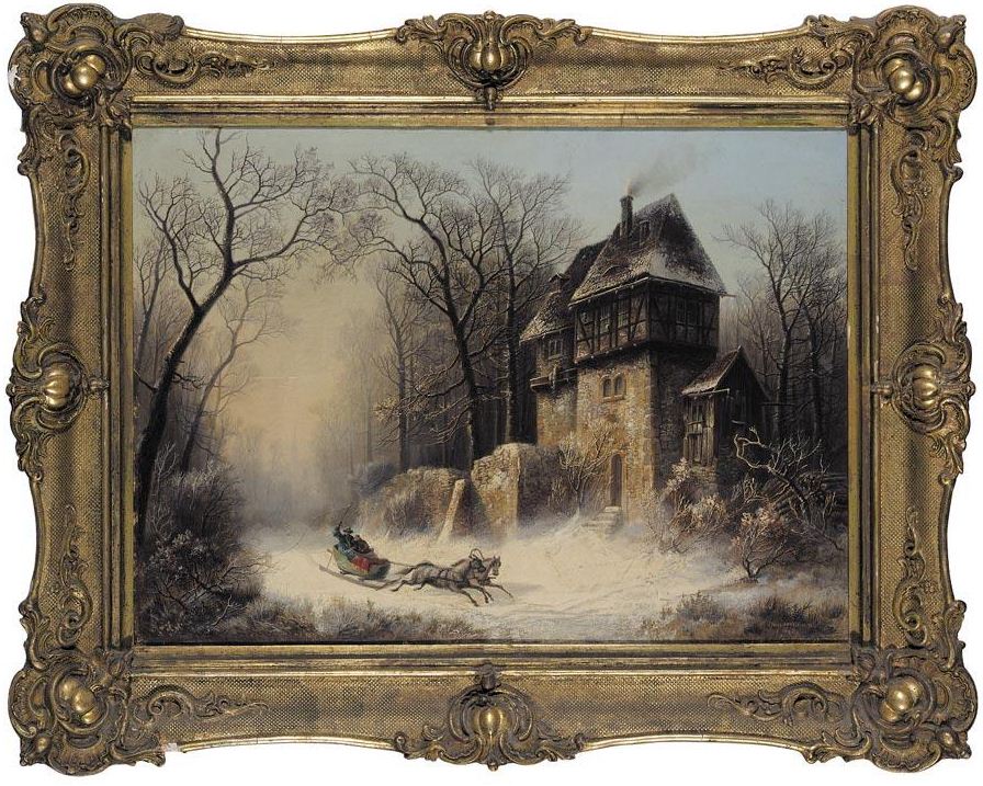 A Couple in a Sledge, vintage artwork by Gustav Hausmann, 12x8" (A4) Poster