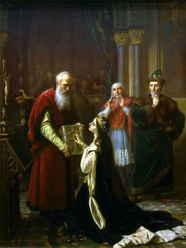 Queen Jadwiga's Oath, vintage artwork by Jozef Simmler, 12x8" (A4) Poster