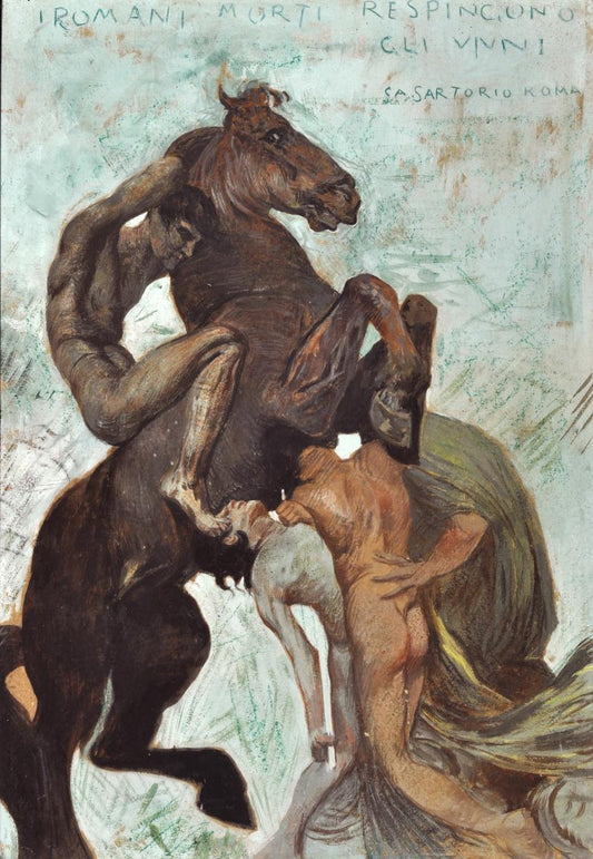 I Romani morti respingono gli Unni, vintage artwork by Giulio Aristide Sartorio, 12x8" (A4) Poster