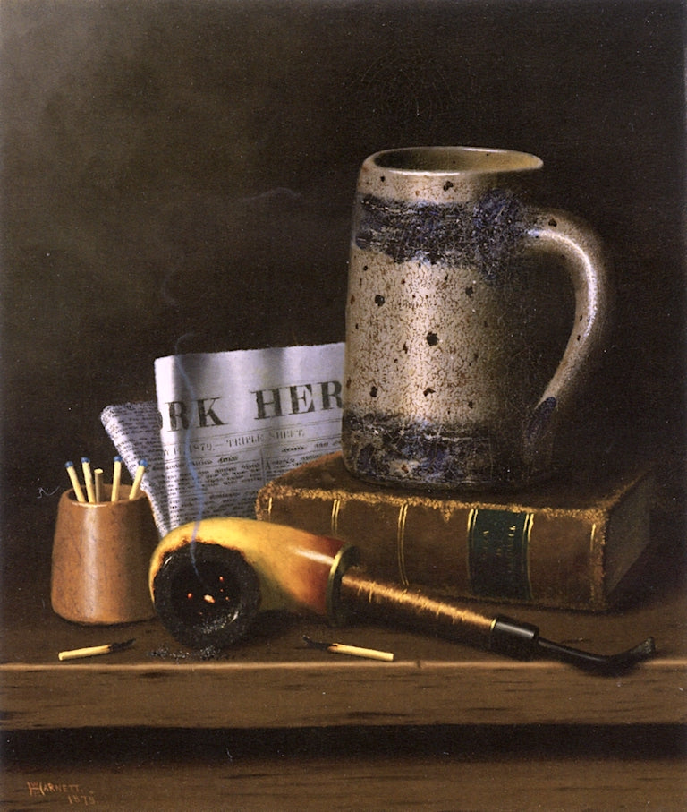 Still Life with New York Herald, Beer Stein and Pipe, vintage artwork by William Michael Harnett, 12x8" (A4) Poster