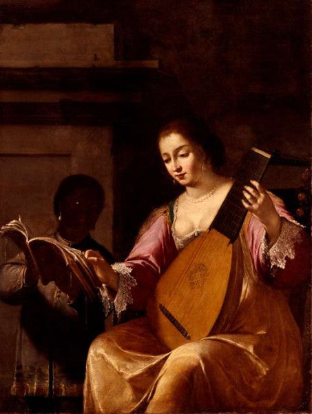 Woman Playing A Lute, vintage artwork by Jean Daret, 12x8" (A4) Poster
