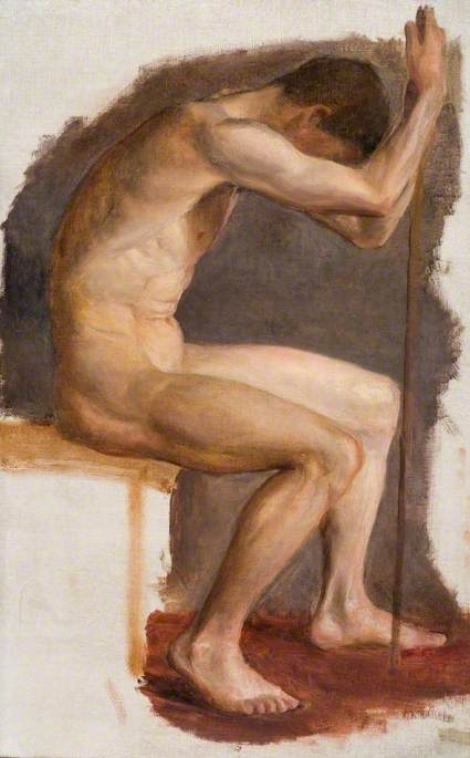 Seated Male Nude, Leaning Forward on a Staff by Brian Hatton,16x12(A3) Poster