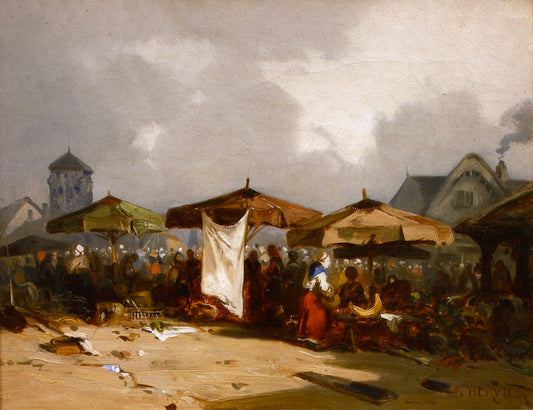 Market Scene in Normandy, vintage artwork by Adolphe Hervier, A3 (16x12") Poster Print