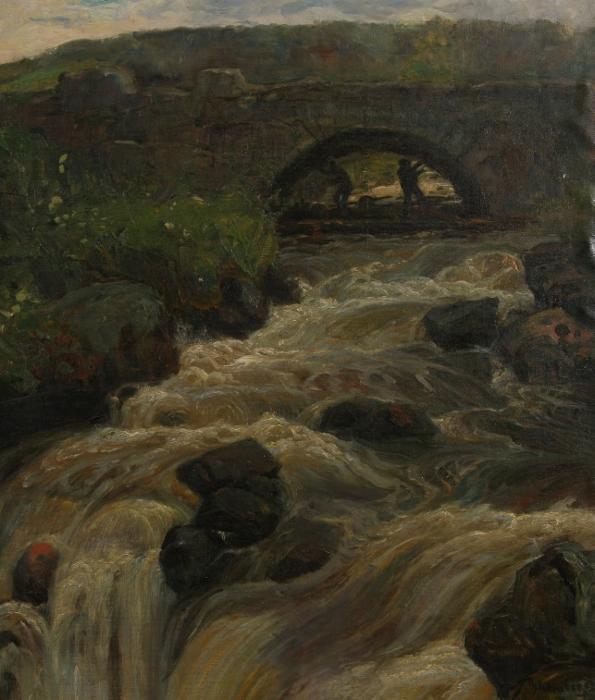River Landscape with Bridge, vintage artwork by Thorolf Holmboe, 12x8" (A4) Poster