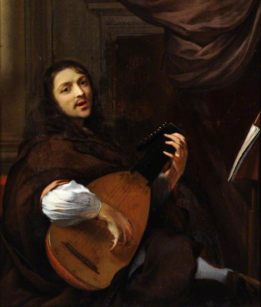 A man playing a lute, vintage artwork by Follower of Caspar Netscher, 12x8" (A4) Poster