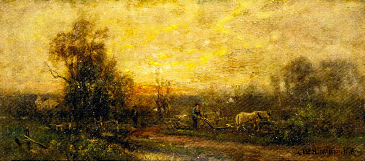 Plowing the Field at Sunset, vintage artwork by Charles Henry Miller, 12x8" (A4) Poster