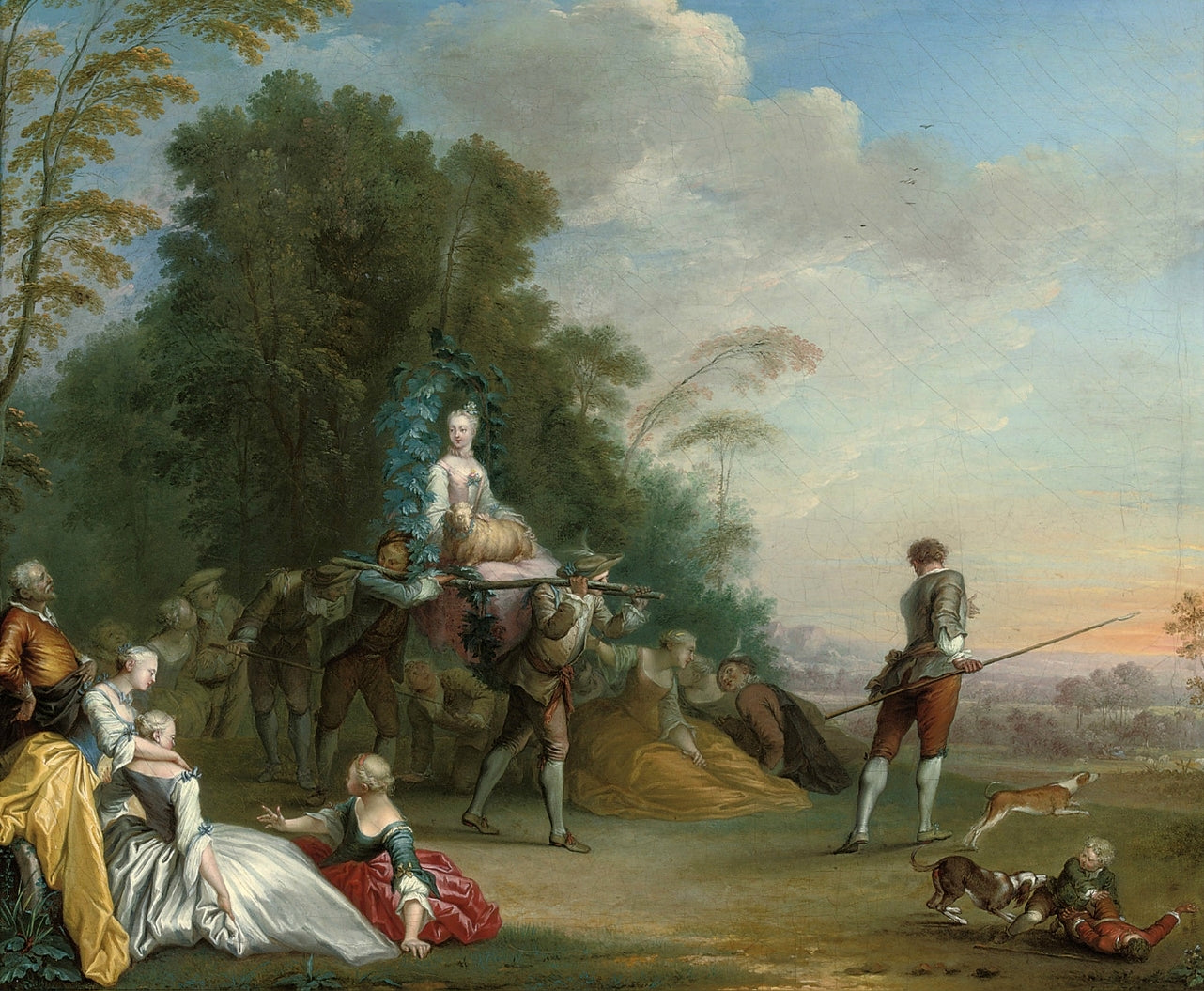 A Shepherdess and Festooned Lamb Carried in a Rustic Palanquin, vintage artwork by Sebastien-Jacques Leclerc, 12x8" (A4) Poster