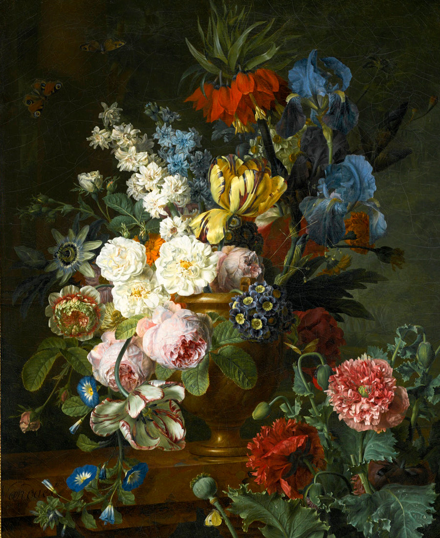 Still life of Fritillaria imperialis, roses, tulips, and other flowers on a marble ledge, vintage artwork by Jan Frans van Dael, 12x8" (A4) Poster