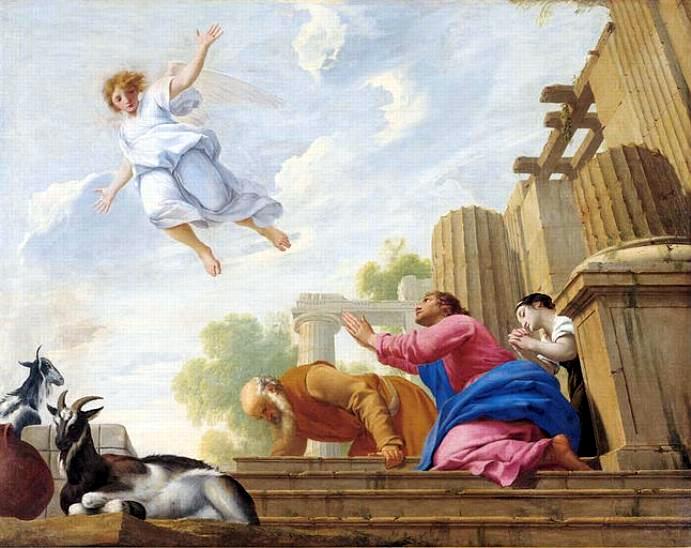 Archangel Raphael leaves Tobias and his family, vintage artwork by Eustache Le Sueur, 12x8" (A4) Poster