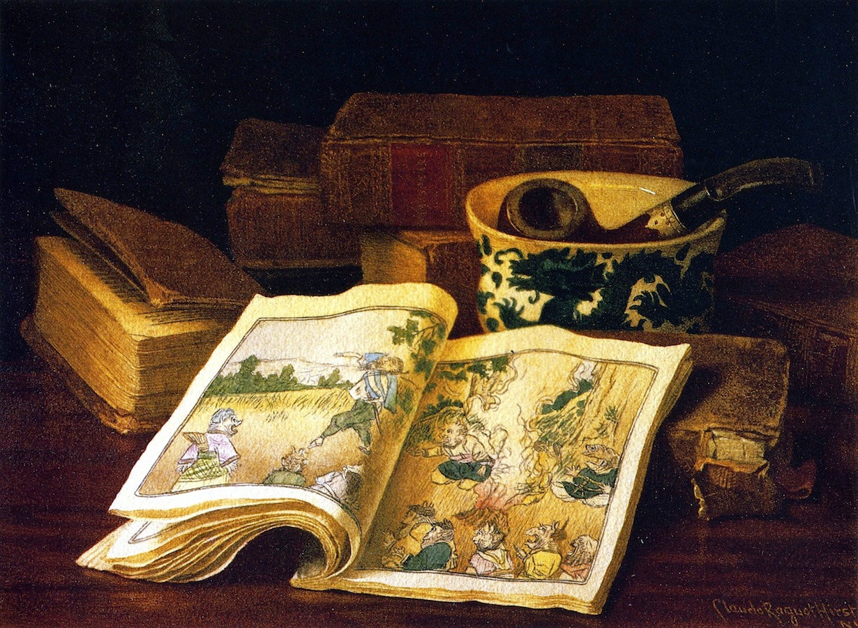 Still LIfe with Japanese Children's Book, vintage artwork by Claude Raguet Hirst, 12x8" (A4) Poster