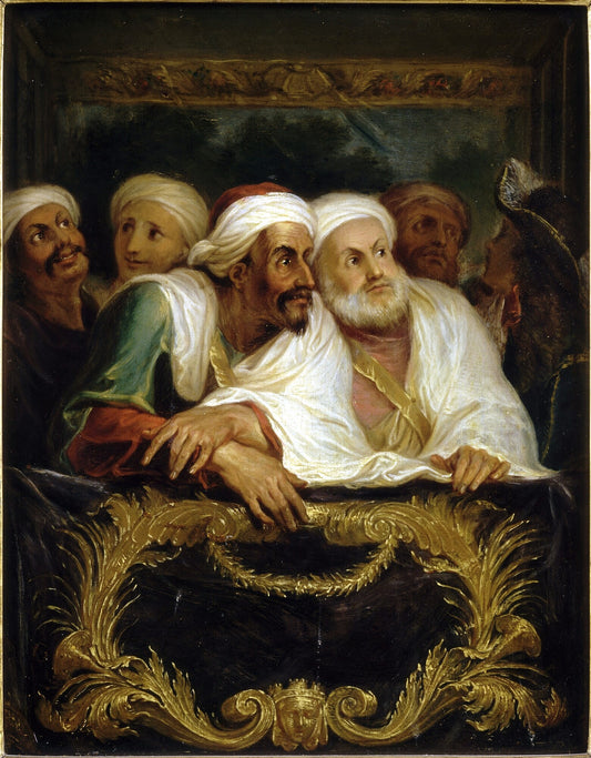 The Moroccan Ambassador and His Entourage at the Italian Comedy in Paris in February 1682, vintage artwork by Antoine Coypel II, 12x8" (A4) Poster