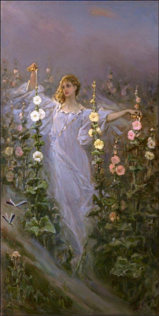 Girl Between Hollyhocks, vintage artwork by Wilhelm Kotarbinski, 12x8" (A4) Poster