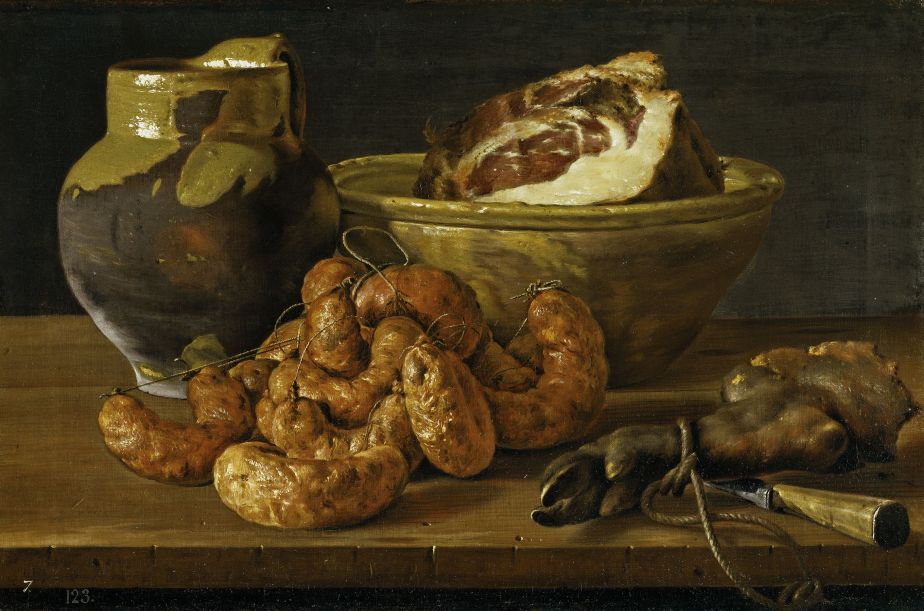 Still-life with Sausages, Ham and Pottery, vintage artwork by Luis Melendez, 12x8" (A4) Poster