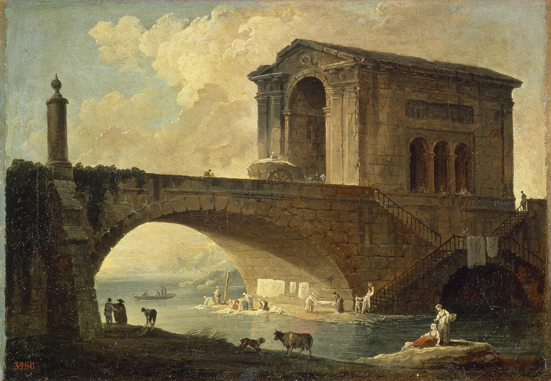 Landscape with a Stone Bridge, vintage artwork by Hubert Robert, 12x8" (A4) Poster