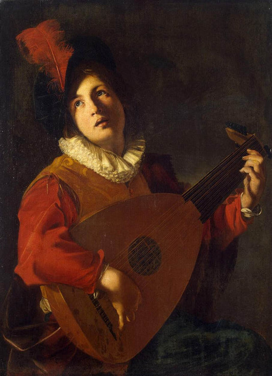 Lute Player, vintage artwork by Nicolas Tournier, 12x8" (A4) Poster