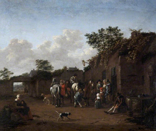 Horses being Saddled in the Courtyard of an Inn, vintage artwork by Dutch School 17th Century - Unknown, 12x8" (A4) Poster