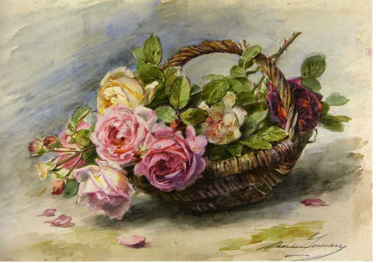 Basket with Roses, vintage artwork by Madeleine Jeanne Lemaire, 12x8" (A4) Poster