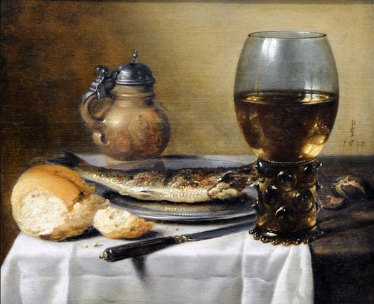 Still Life with Jug, Wine Glass, Herring and Bread, vintage artwork by Pieter Claesz, 12x8" (A4) Poster