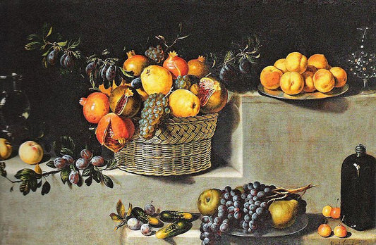 Still Life with Fruit and Glassware, vintage artwork by Juan van der Hamen, 12x8" (A4) Poster