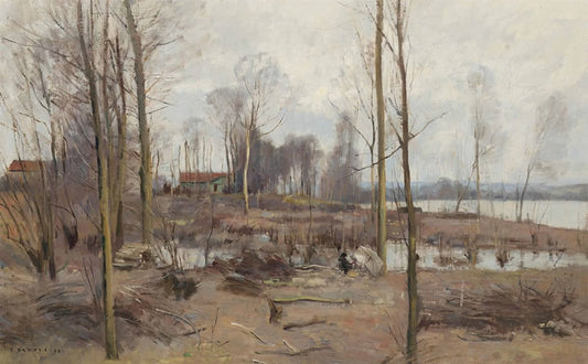 Farm on Edge of Lake, vintage artwork by Pierre-Emmanuel Damoye, 12x8" (A4) Poster