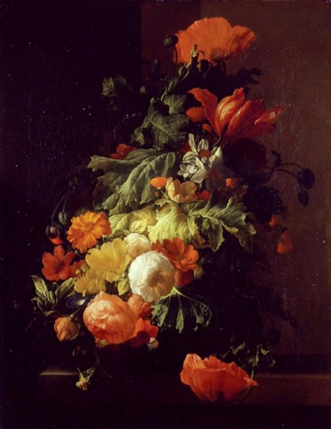 A vase of flowers on a stone slab, vintage artwork by Elias van den Broeck, 12x8" (A4) Poster