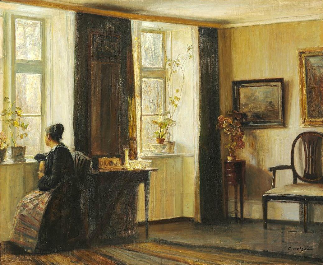 Interior with the artist's wife at the window, vintage artwork by Carl Vilhelm Holsøe, 12x8" (A4) Poster