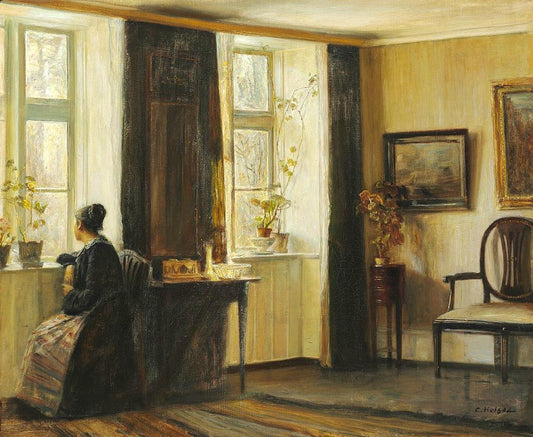 Interior with the artist's wife at the window, vintage artwork by Carl Vilhelm Holsøe, 12x8" (A4) Poster