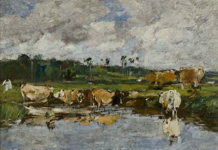 Animaux dans une mare; paysage etude  (Animals in a Pond: Landscape Study), vintage artwork by Eugène-Louis Boudin, 12x8" (A4) Poster