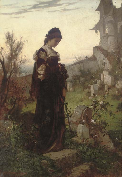 A stroll in the churchyard, vintage artwork by Sándor Liezen-Mayer, 12x8" (A4) Poster