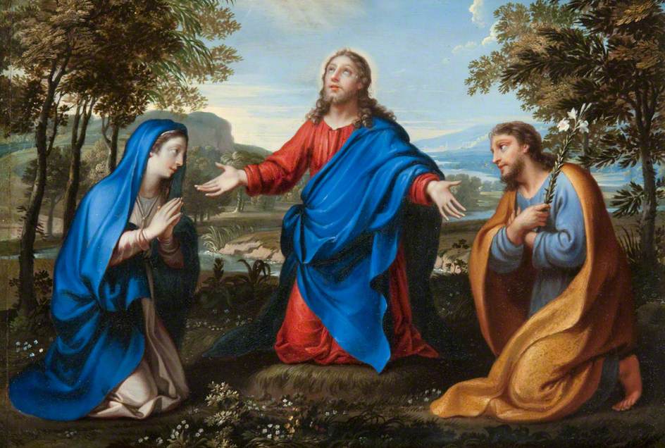 Christ and Two Figures in a Landscape, vintage artwork by Carlo Dolci, 12x8" (A4) Poster