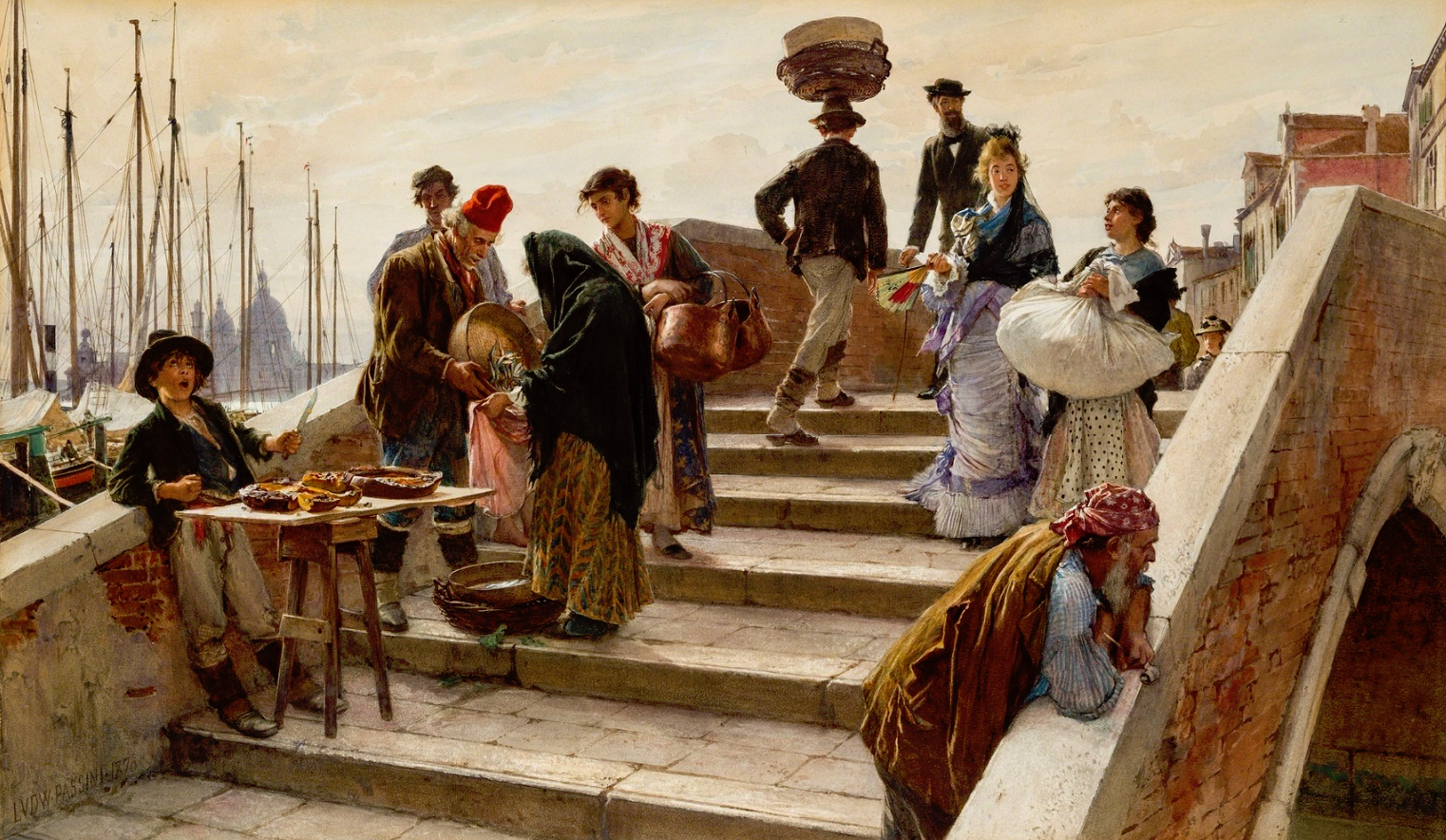 A Busy Bridge in Venice, vintage artwork by Ludwig Johann Passini, 12x8" (A4) Poster