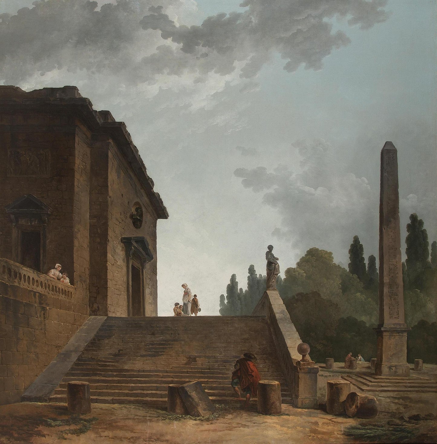 Landscape with a Stairs and Obelisk, vintage artwork by Hubert Robert, 12x8" (A4) Poster