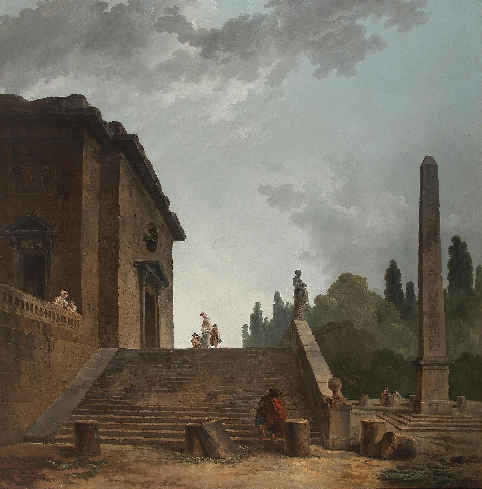 Landscape with a Stairs and Obelisk, vintage artwork by Hubert Robert, 12x8" (A4) Poster