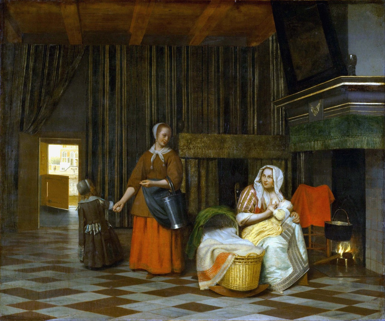 Suckling Mother and Maid, vintage artwork by Pieter de Hooch, 12x8" (A4) Poster