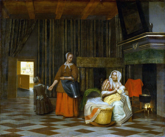 Suckling Mother and Maid, vintage artwork by Pieter de Hooch, 12x8" (A4) Poster